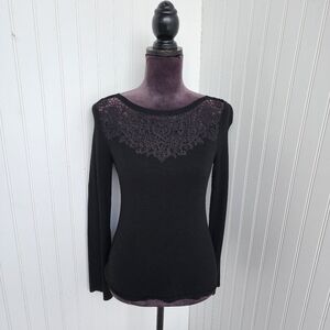White House Black Market Lace Tie Sweater Black Long Sleeve Stretchy Pullover XS